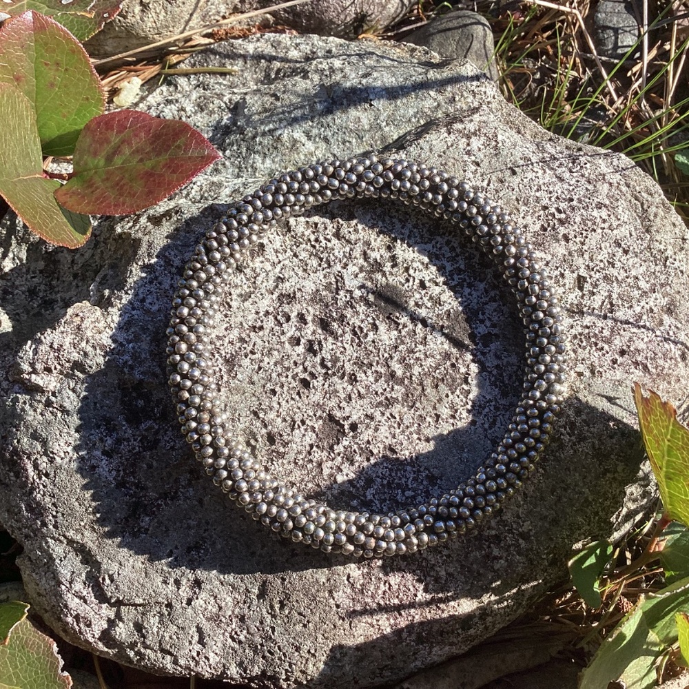 Silver Metallic Beaded Wrapped Solid Bangle Brace… - image 2